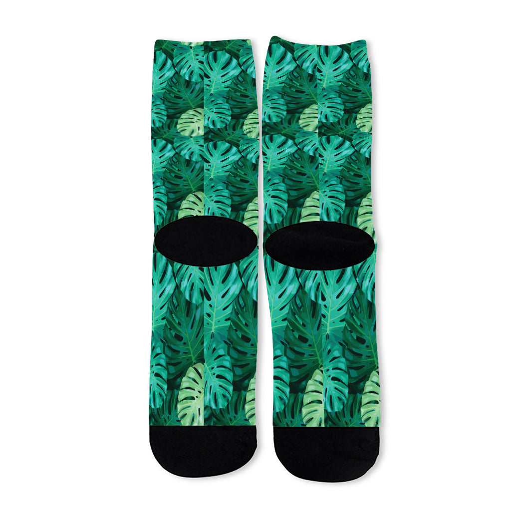 Green Tropical Monstera Pattern Print Long Socks