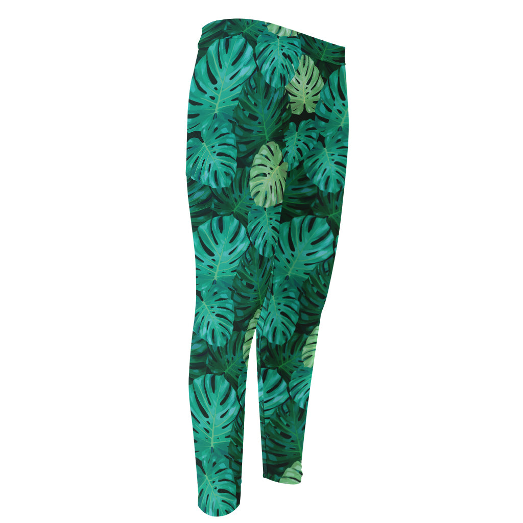 Green Tropical Monstera Pattern Print Men's Compression Pants