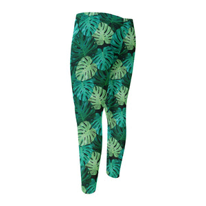 Green Tropical Monstera Pattern Print Men's Compression Pants