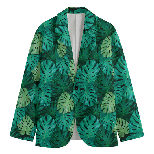 Green Tropical Monstera Pattern Print Men's Cotton Blazer