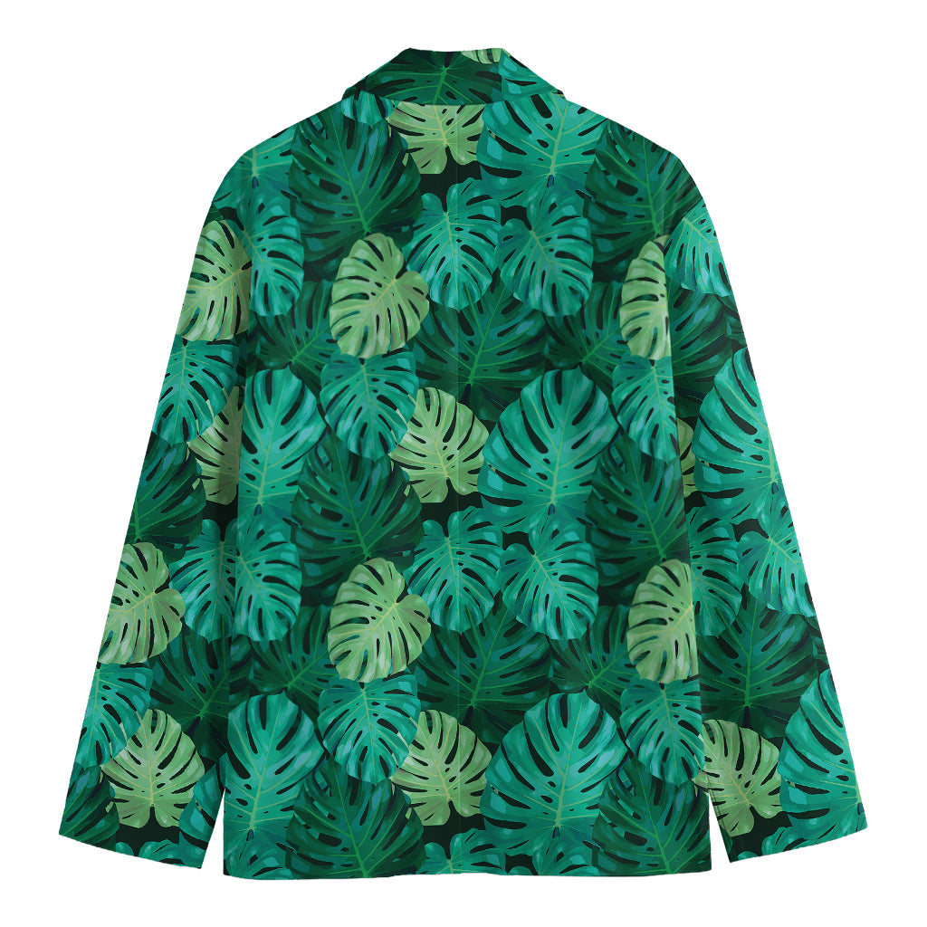 Green Tropical Monstera Pattern Print Men's Cotton Blazer