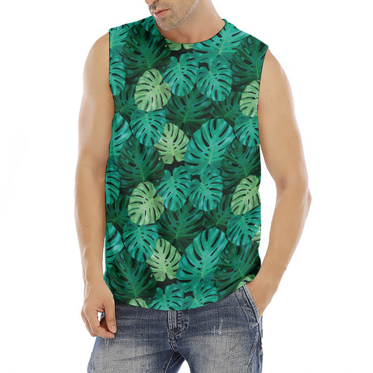 Green Tropical Monstera Pattern Print Men's Fitness Tank Top