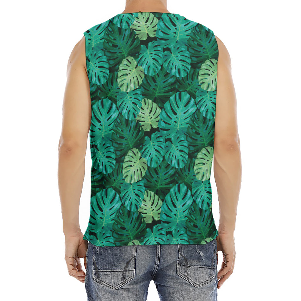 Green Tropical Monstera Pattern Print Men's Fitness Tank Top