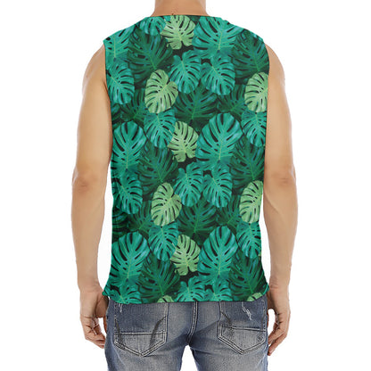 Green Tropical Monstera Pattern Print Men's Fitness Tank Top