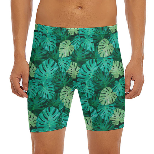 Green Tropical Monstera Pattern Print Men's Long Boxer Briefs