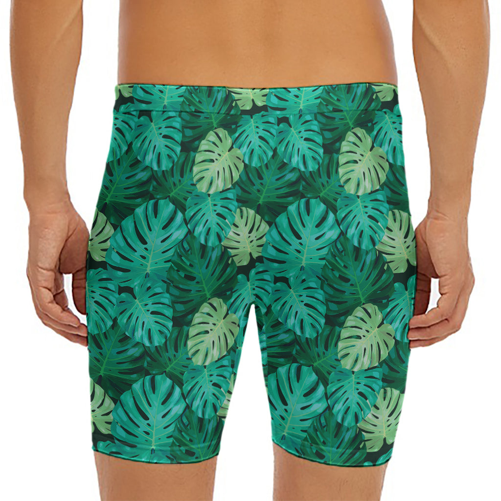 Green Tropical Monstera Pattern Print Men's Long Boxer Briefs