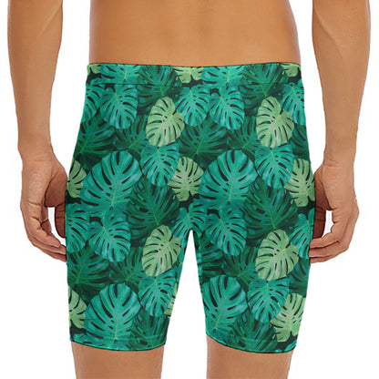 Green Tropical Monstera Pattern Print Men's Long Boxer Briefs