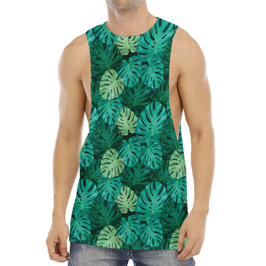 Green Tropical Monstera Pattern Print Men's Muscle Tank Top