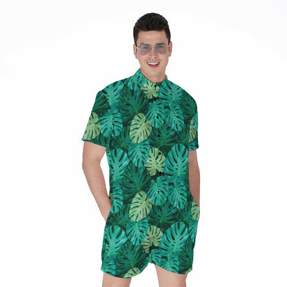 Green Tropical Monstera Pattern Print Men's Rompers