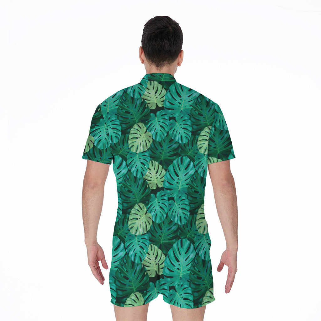 Green Tropical Monstera Pattern Print Men's Rompers
