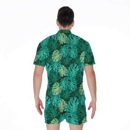 Green Tropical Monstera Pattern Print Men's Rompers