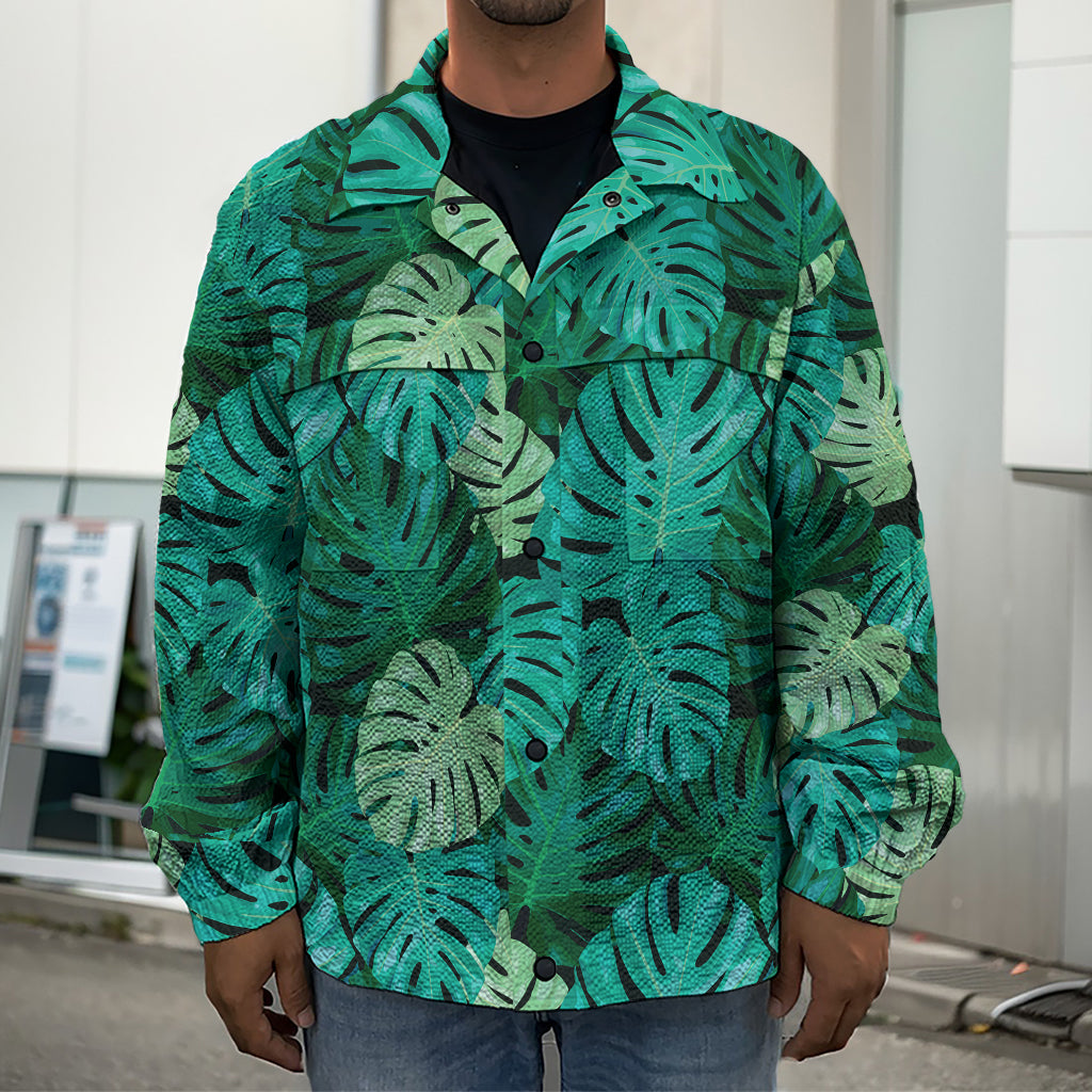 Green Tropical Monstera Pattern Print Men's Shirt Jacket