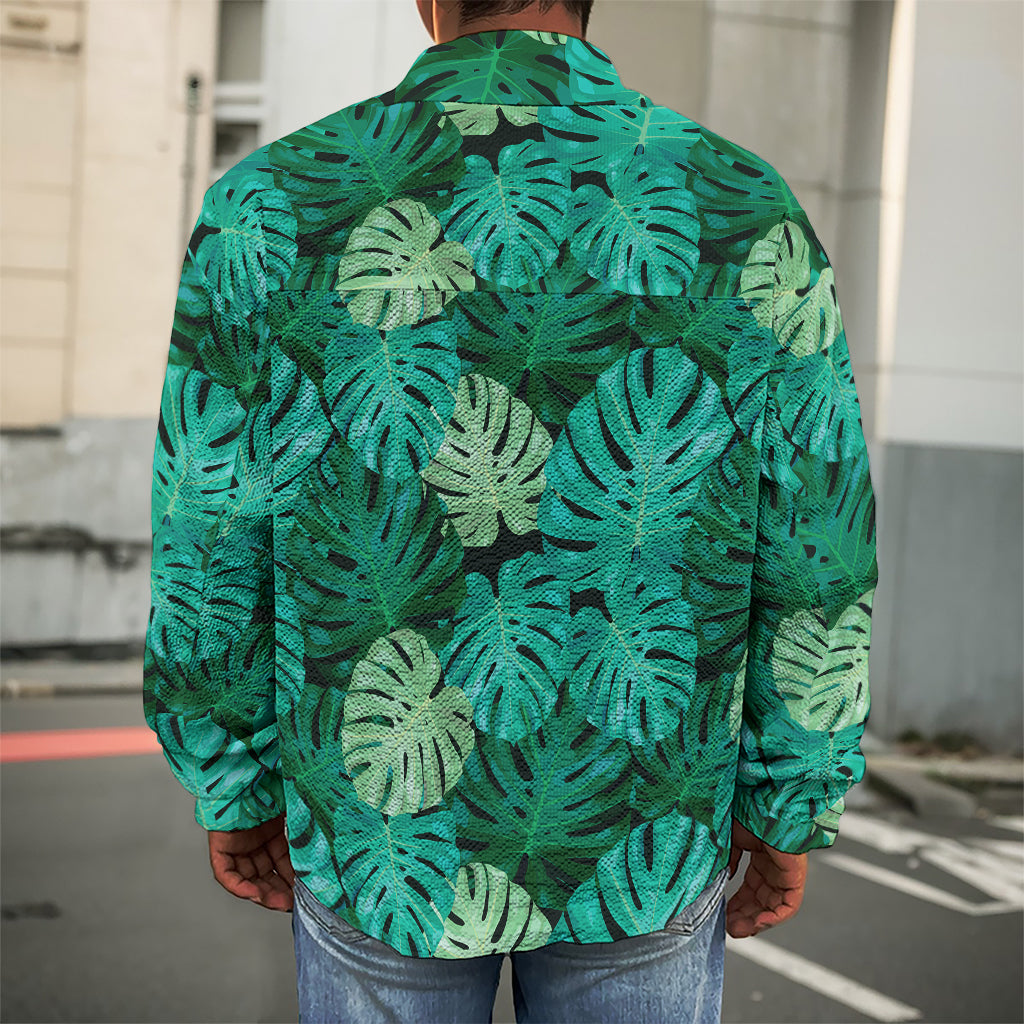 Green Tropical Monstera Pattern Print Men's Shirt Jacket