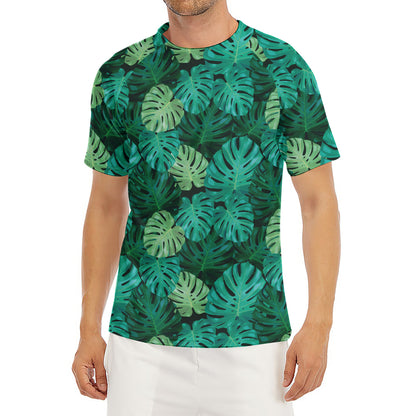 Green Tropical Monstera Pattern Print Men's Short Sleeve Rash Guard