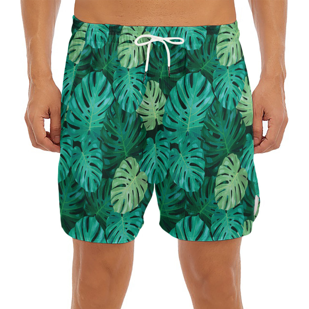 Green Tropical Monstera Pattern Print Men's Split Running Shorts