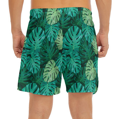 Green Tropical Monstera Pattern Print Men's Split Running Shorts
