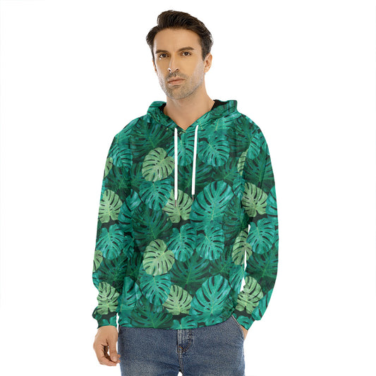 Green Tropical Monstera Pattern Print Men's Velvet Pullover Hoodie