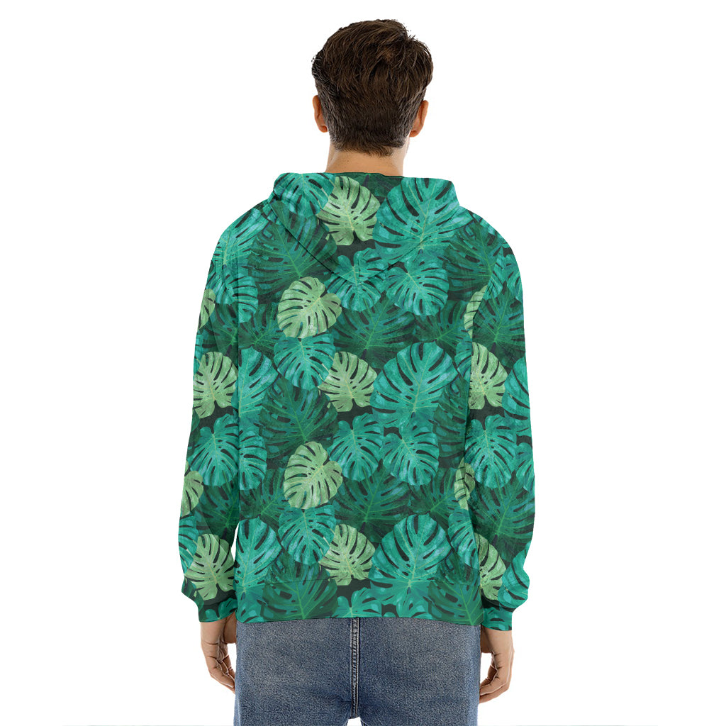 Green Tropical Monstera Pattern Print Men's Velvet Pullover Hoodie