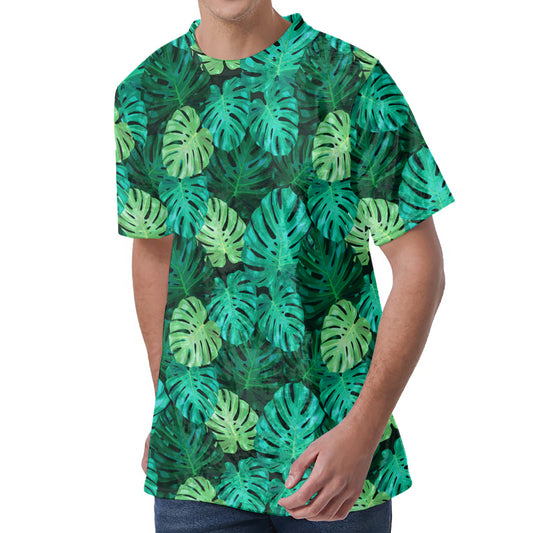 Green Tropical Monstera Pattern Print Men's Velvet T-Shirt
