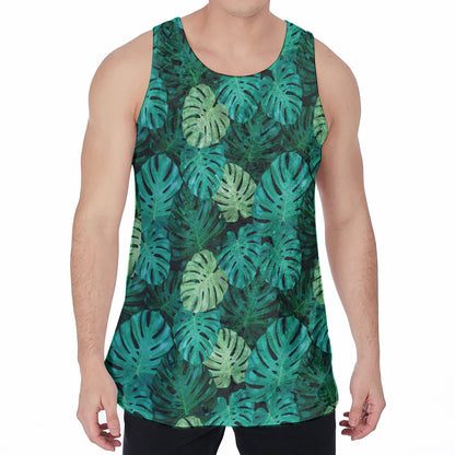 Green Tropical Monstera Pattern Print Men's Velvet Tank Top