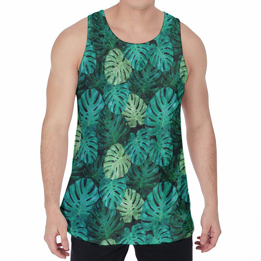 Green Tropical Monstera Pattern Print Men's Velvet Tank Top
