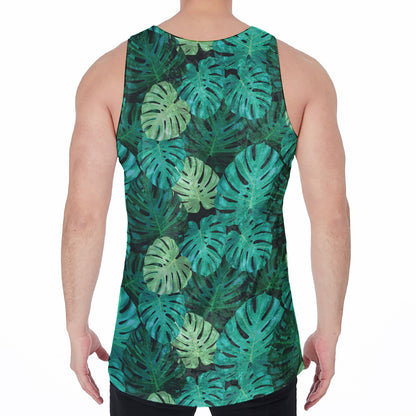 Green Tropical Monstera Pattern Print Men's Velvet Tank Top