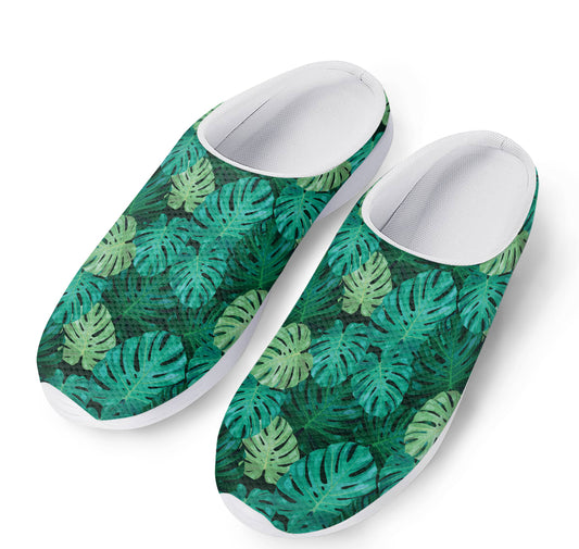 Green Tropical Monstera Pattern Print Mesh Casual Shoes