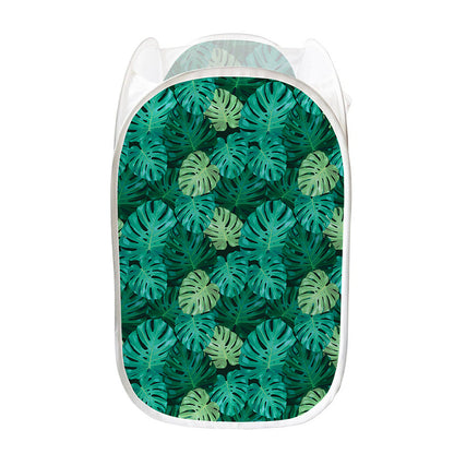 Green Tropical Monstera Pattern Print Mesh Laundry Hamper