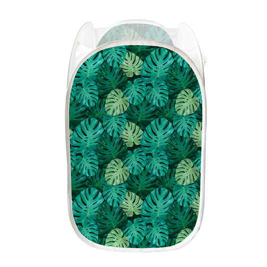 Green Tropical Monstera Pattern Print Mesh Laundry Hamper