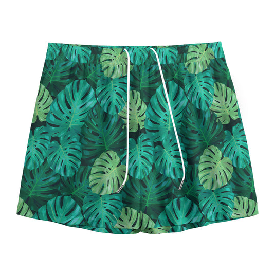 Green Tropical Monstera Pattern Print Mesh Shorts