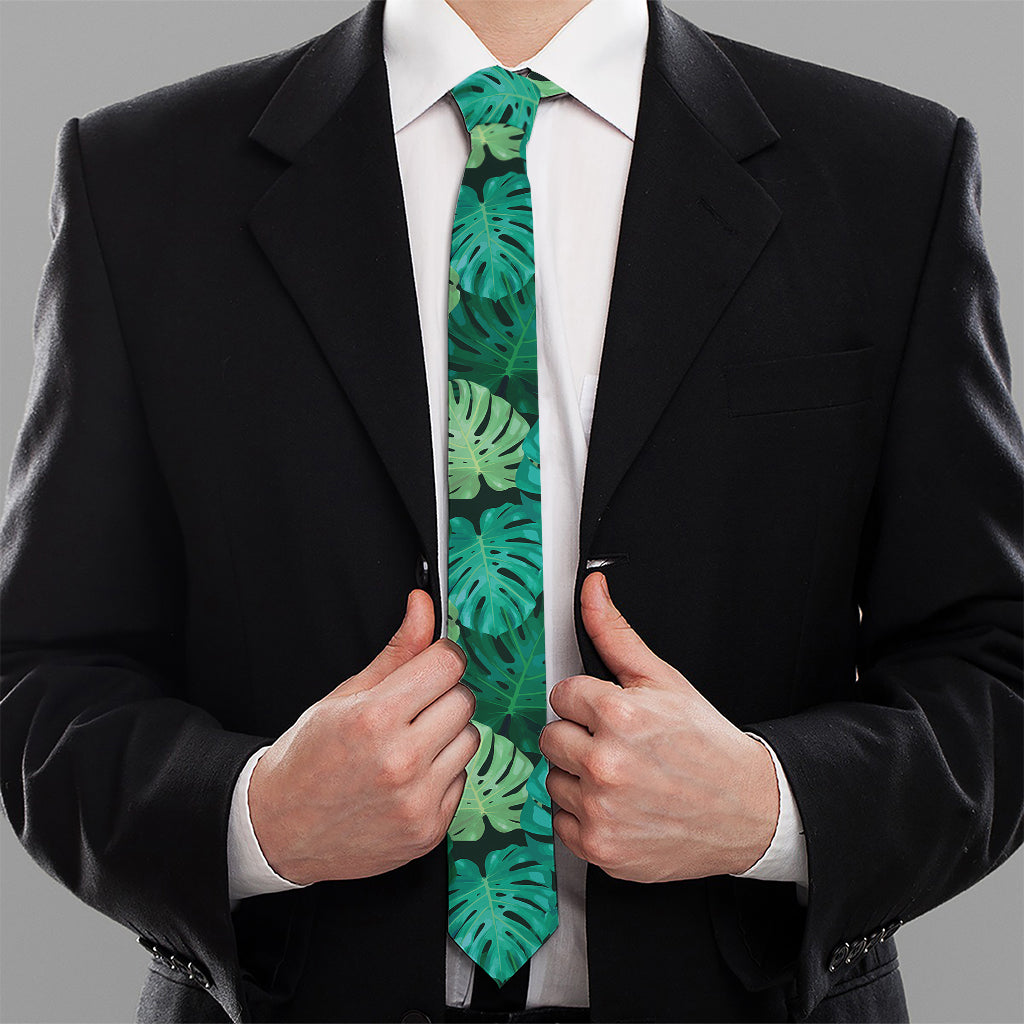 Green Tropical Monstera Pattern Print Necktie