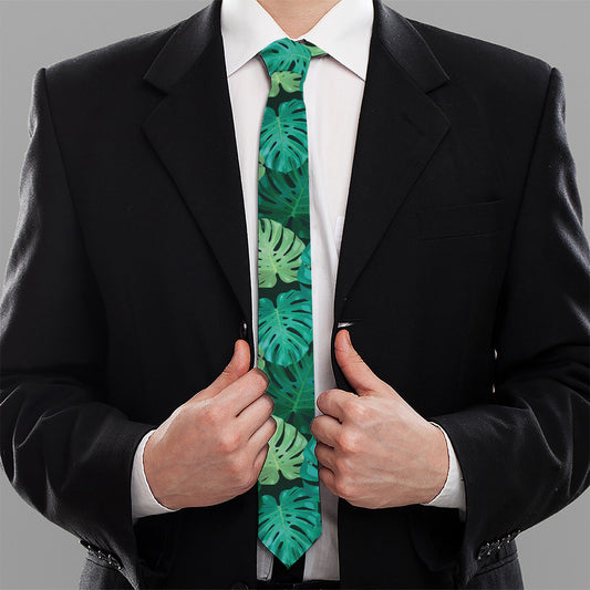 Green Tropical Monstera Pattern Print Necktie