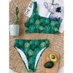 Green Tropical Monstera Pattern Print One Shoulder Bikini Top