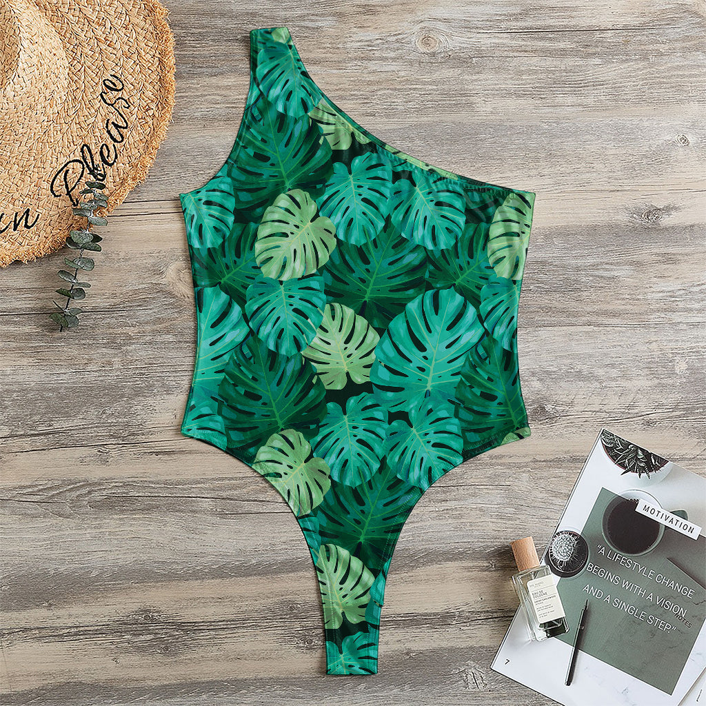 Green Tropical Monstera Pattern Print One Shoulder Bodysuit