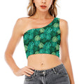 Green Tropical Monstera Pattern Print One Shoulder Crop Top