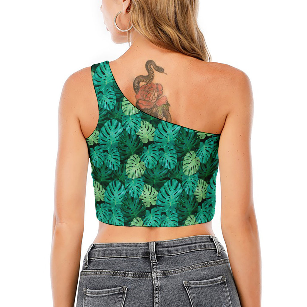 Green Tropical Monstera Pattern Print One Shoulder Crop Top