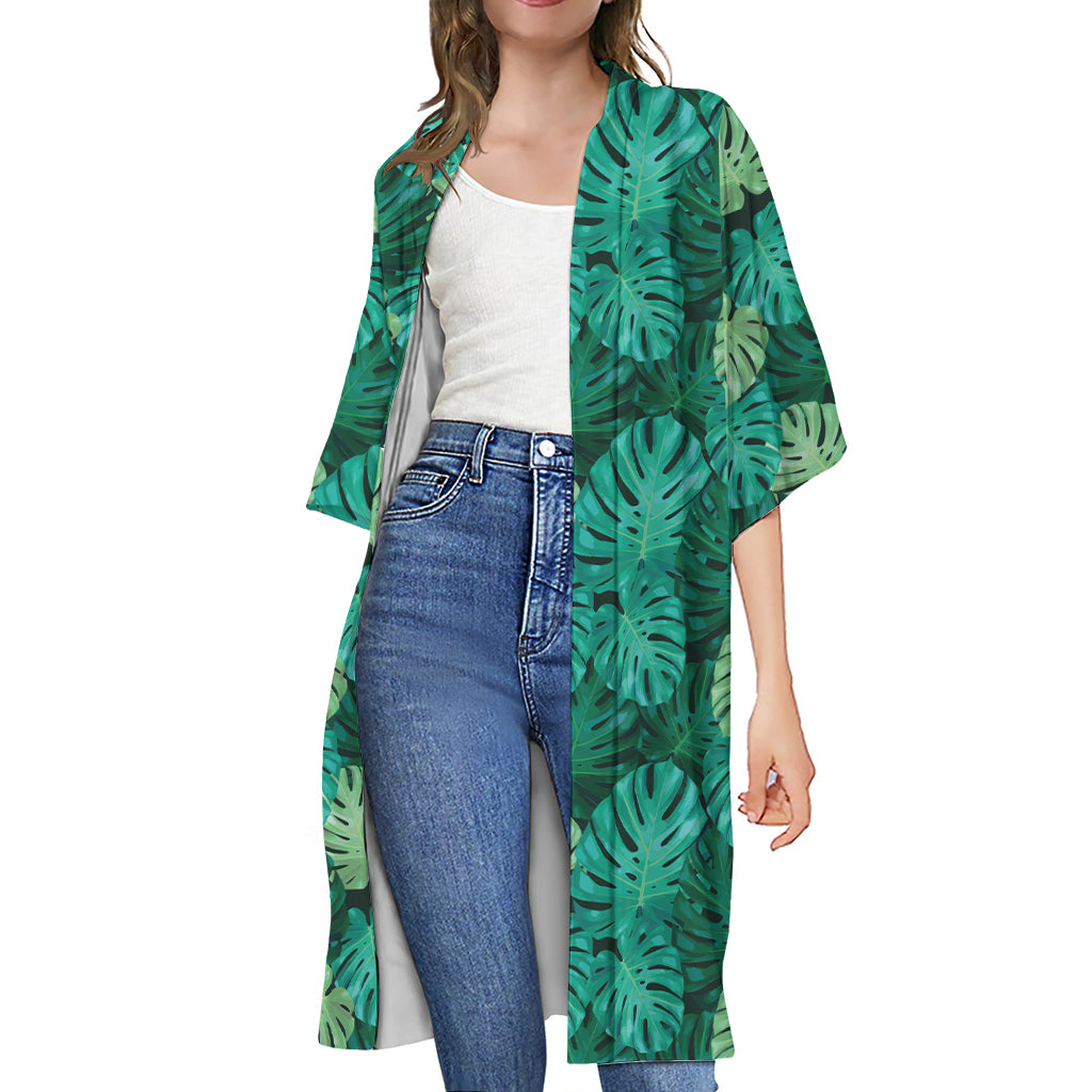 Green Tropical Monstera Pattern Print Open Front Beach Cover Up