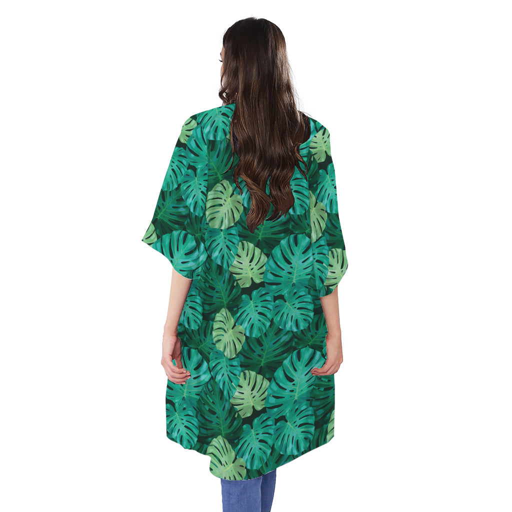 Green Tropical Monstera Pattern Print Open Front Beach Cover Up