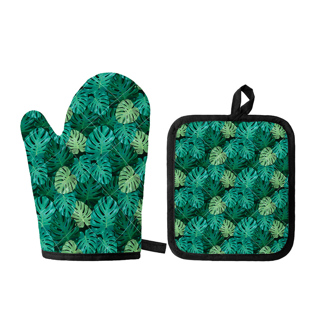 Green Tropical Monstera Pattern Print Oven Mitt And Pot Holder Set