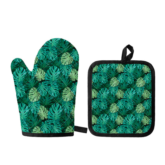 Green Tropical Monstera Pattern Print Oven Mitt And Pot Holder Set