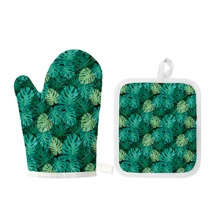 Green Tropical Monstera Pattern Print Oven Mitt And Pot Holder Set