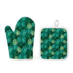 Green Tropical Monstera Pattern Print Oven Mitt And Pot Holder Set