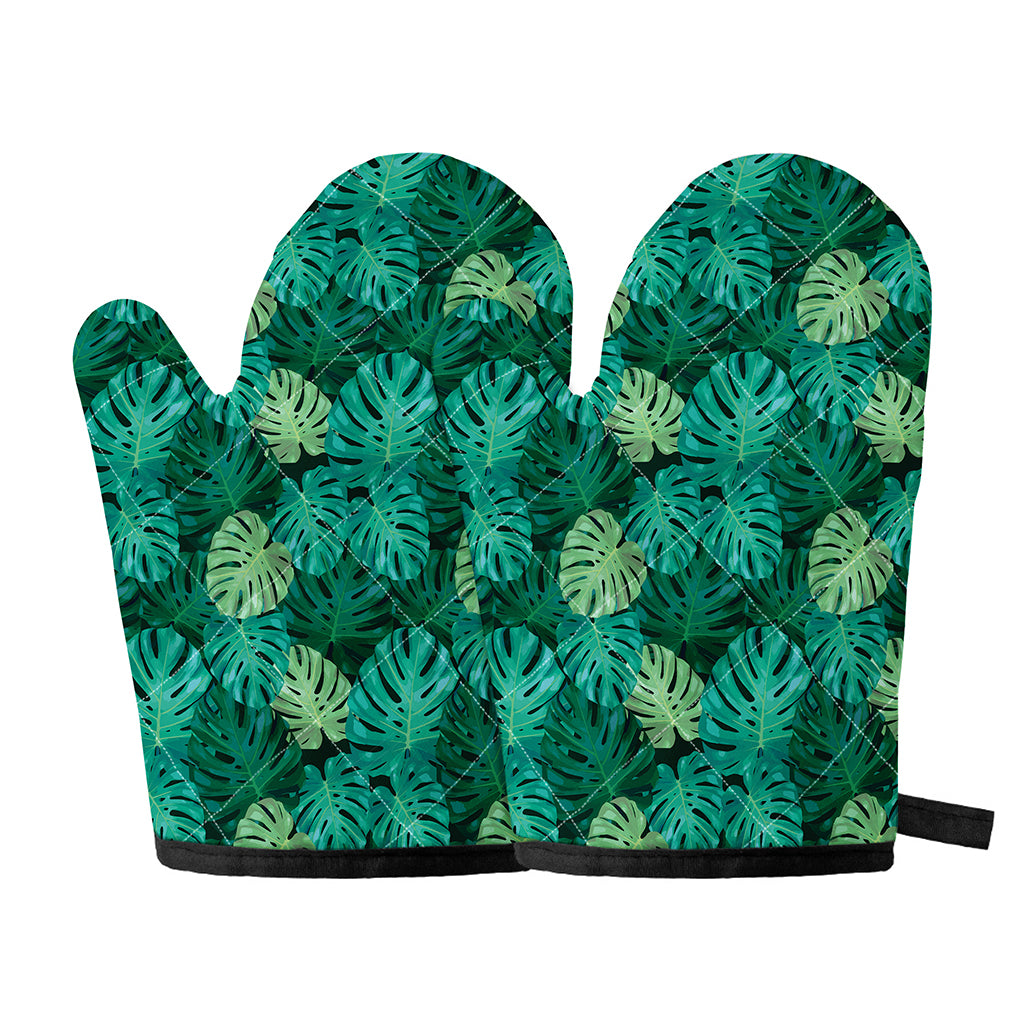 Green Tropical Monstera Pattern Print Oven Mitts