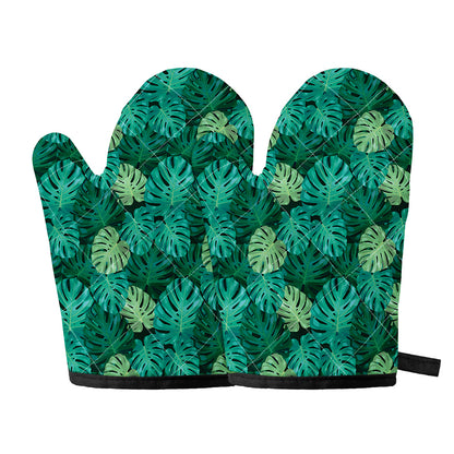 Green Tropical Monstera Pattern Print Oven Mitts