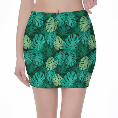 Green Tropical Monstera Pattern Print Pencil Mini Skirt