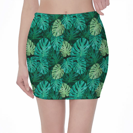Green Tropical Monstera Pattern Print Pencil Mini Skirt