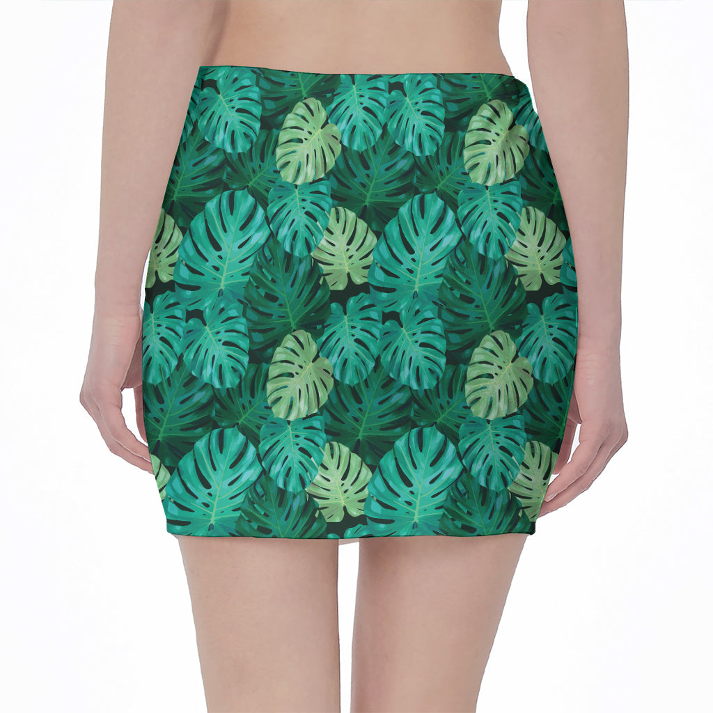Green Tropical Monstera Pattern Print Pencil Mini Skirt