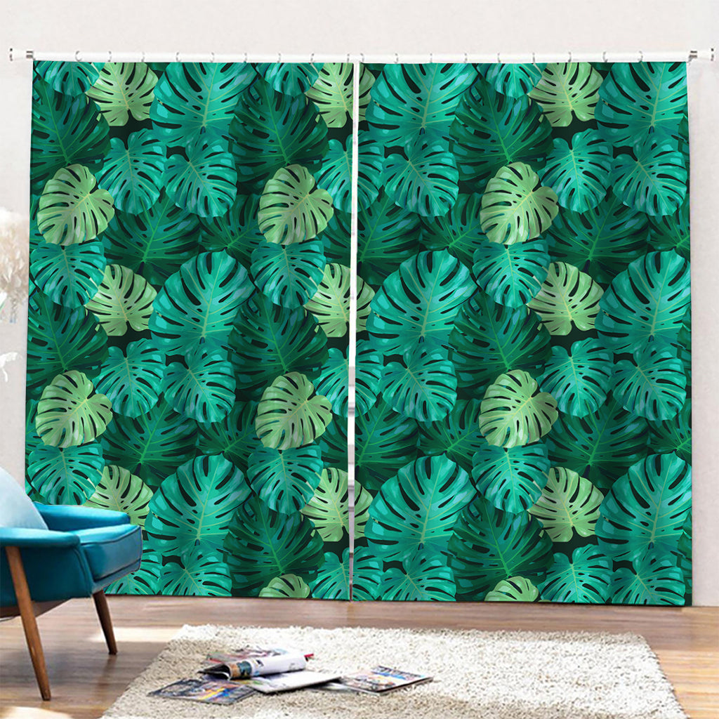 Green Tropical Monstera Pattern Print Pencil Pleat Curtains