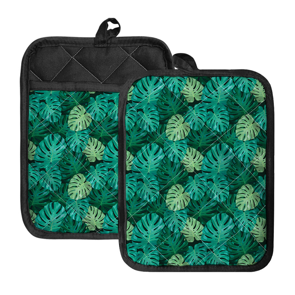 Green Tropical Monstera Pattern Print Pot Holders With Pocket