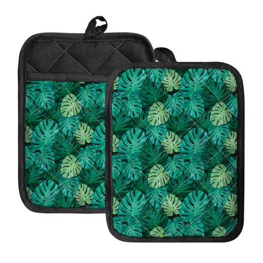 Green Tropical Monstera Pattern Print Pot Holders With Pocket